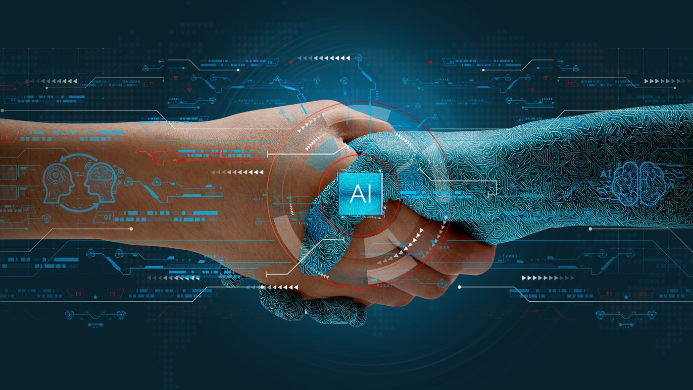 Humans shake hands with AI to show partnership. Machine learning to enable and work together to achieve greater innovation and success.