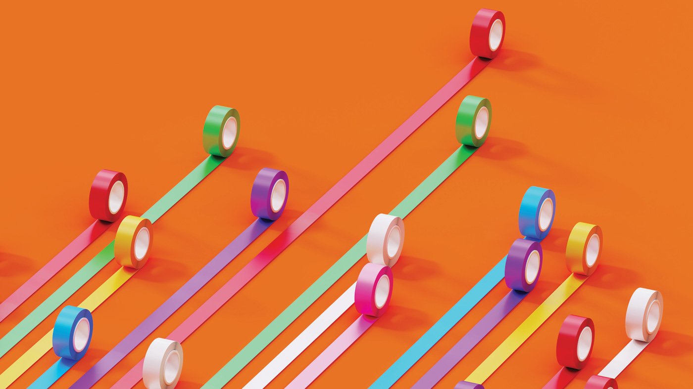 Bar graph made of colorful duct tapes on orange background. Data visualization concept.