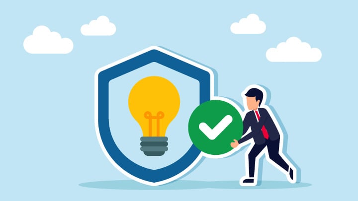 Businessman holding a checkmark next to a shield with a light bulb illustration of a proven successful business idea.