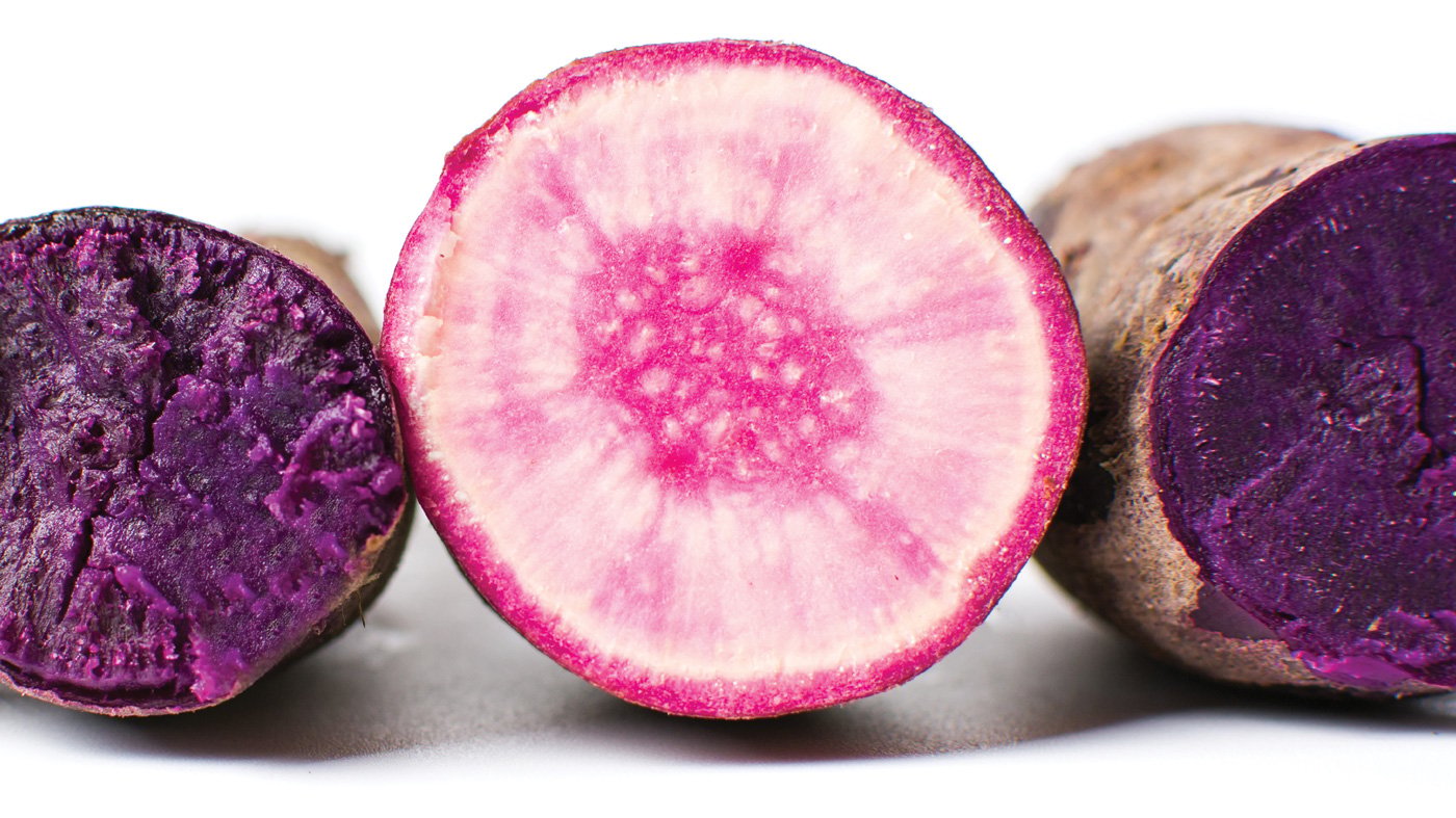 Raw and cooked purple potatoes