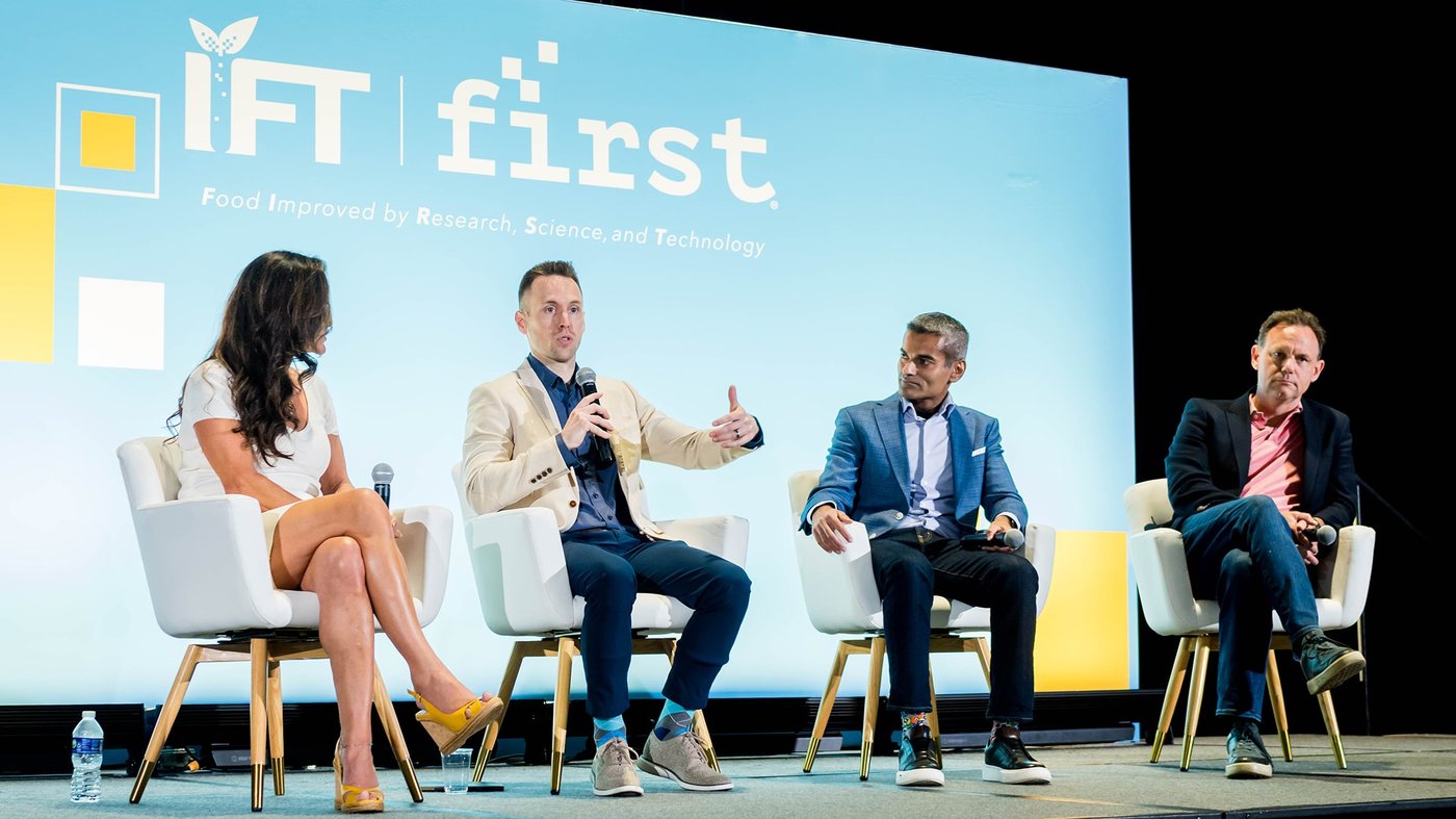 from left: Pelin Wood Thorogood (Radicle Science), Jay Gilbert (IFT), Anshul Dubey (PepsiCo), and John Ennis (Aigora)