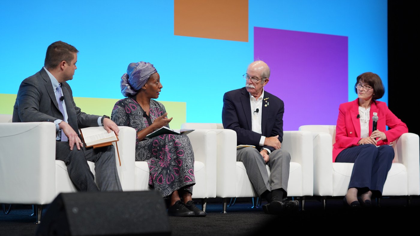 From left: Blake Harris (IFT), Mercy Lung'aho (International Institute of Tropical Agriculture), Paul Bowen (Beverage Industry Environmental Roundtable), and Carmen Moraru (Cornell University)