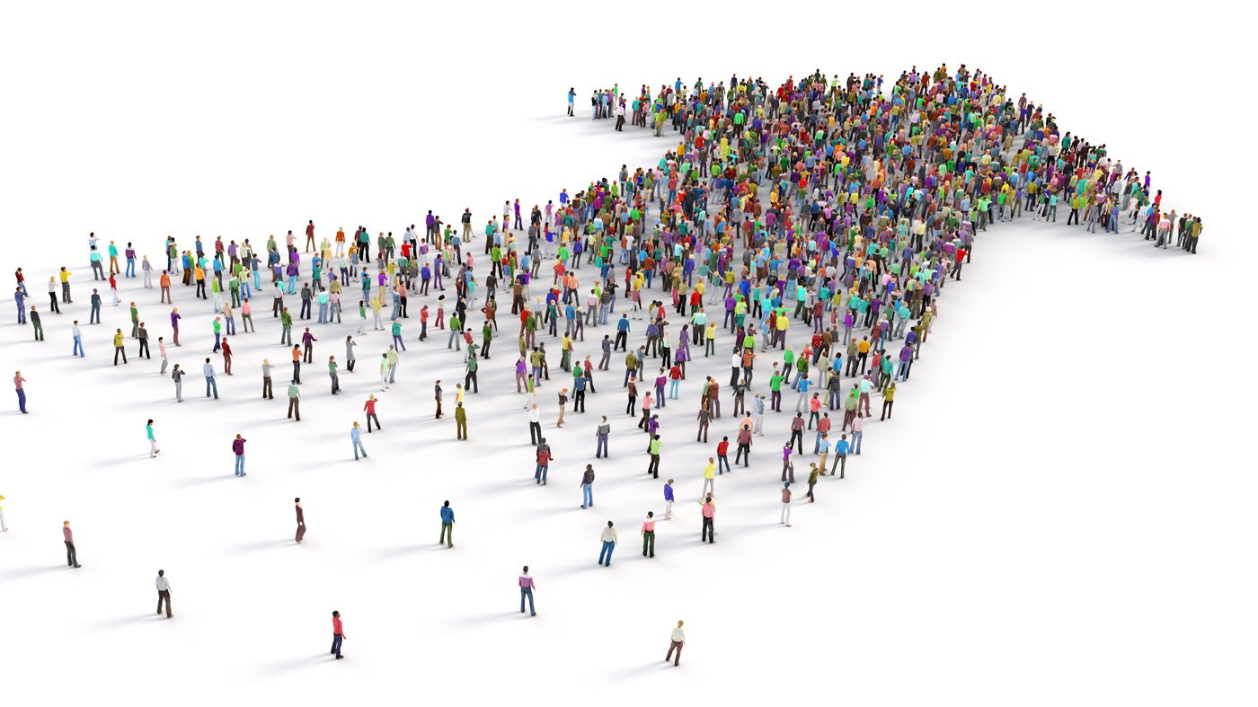 People crowd in form of arrow on a white background. 3d illustration