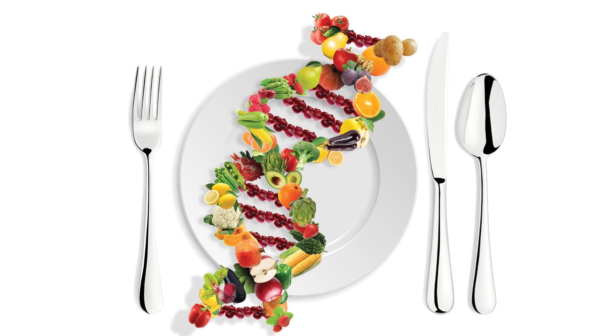 DNA strand made with healthy fresh vegetables and fruits in a plate
