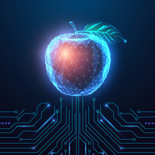 Smart nutrition and food technology with digital glowing apple and circuit board illustration.