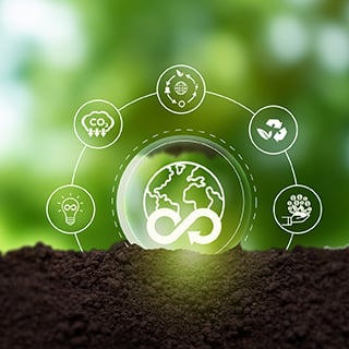 Glowing globe in soil surrounded by icons for carbon reduction, recycling, renewable energy, and sustainability on green background.