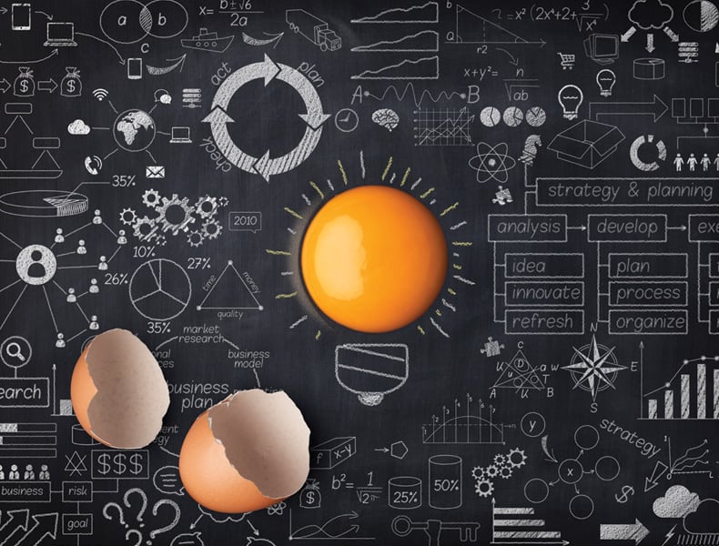 Egg yolk ball forming a shape of illuminated light bulb on blackboard