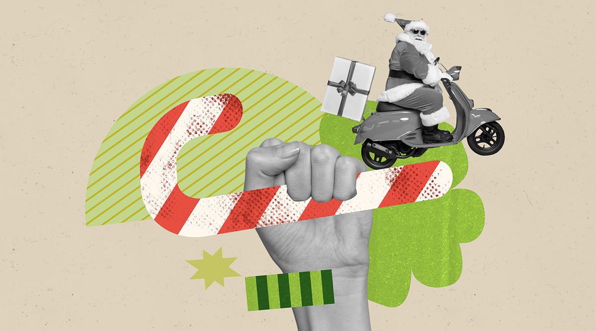 Omnivore podcast logo. Santa Claus riding a vespa off of giant candy cane held by a hand.