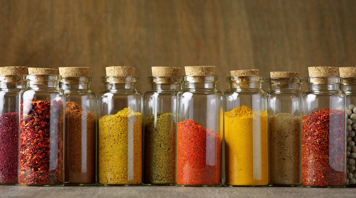 Variety of colorful spices in jars