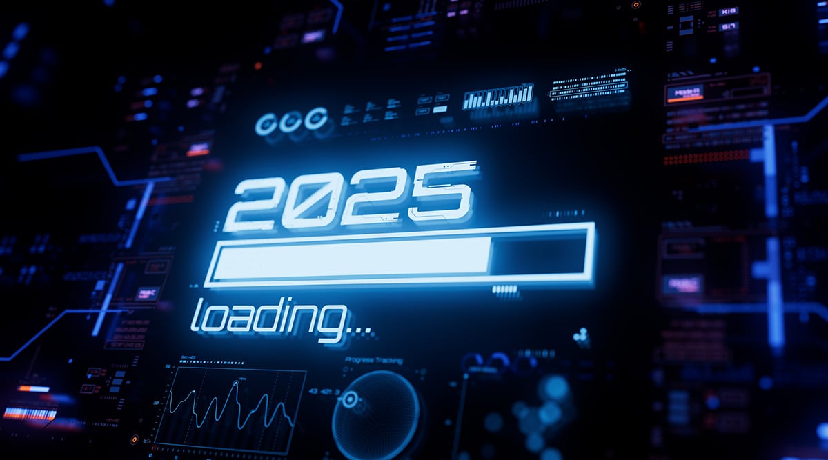 Digital dashboard with a screen that reads 2025 loading...with a loading progress bar.
