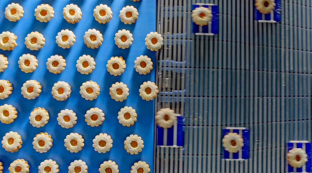 Cookies going down a conveyor belt.