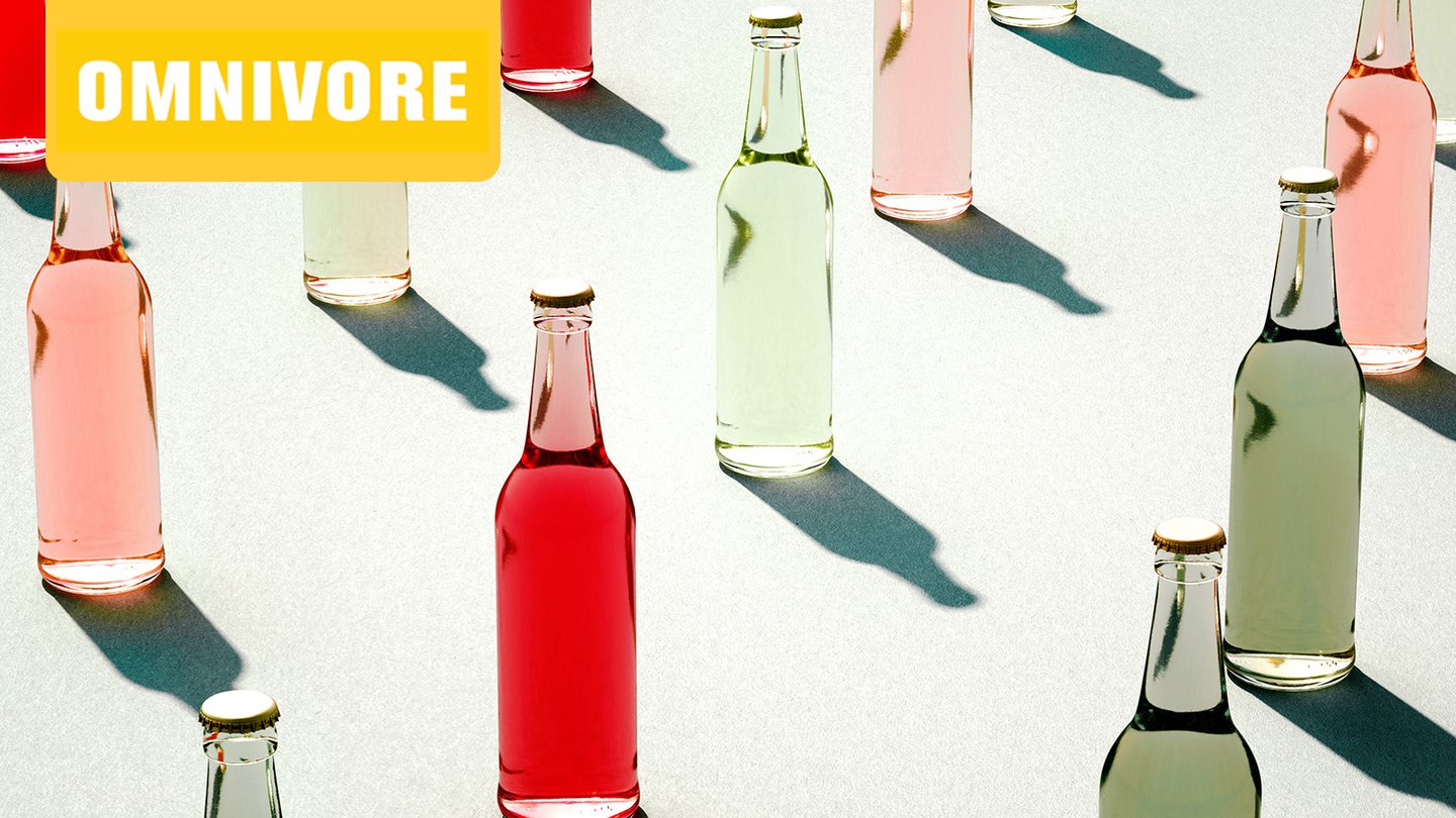 Omnivore Episode 20 glass soda bottles in red, green, and pink