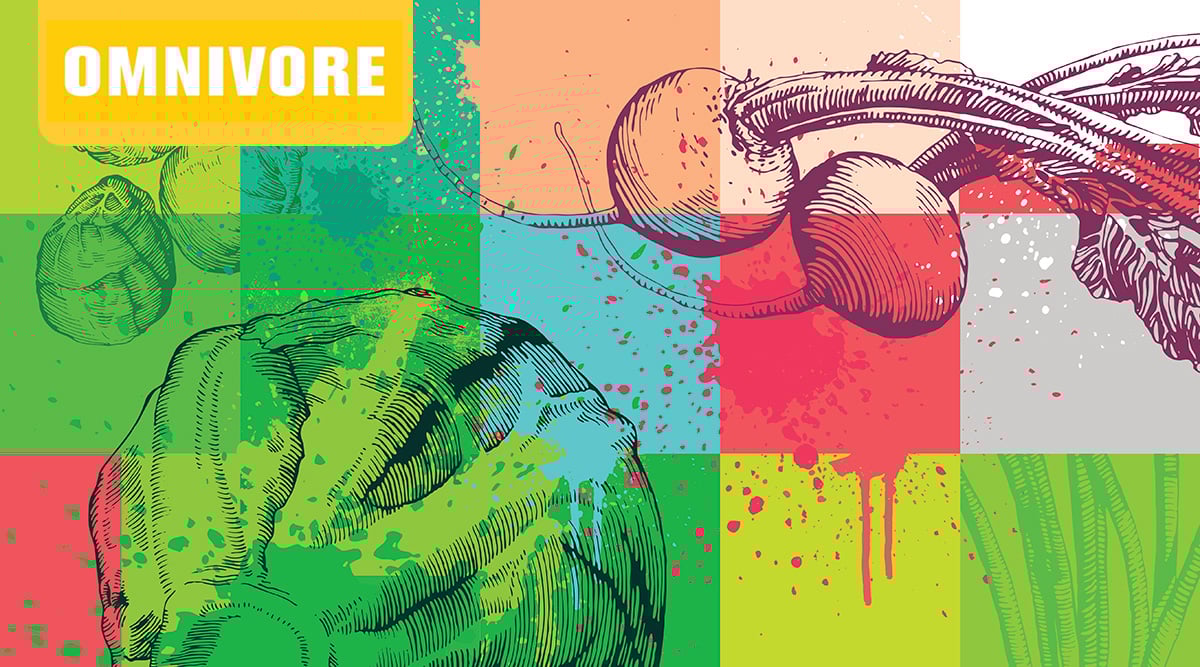 Omnivore Episode 24 colorful grid graphic with radishes, cabbage, and Brussels sprouts