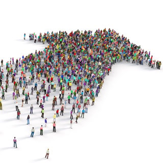 People crowd in form of arrow on a white background. 3d illustration