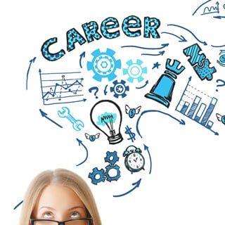 Portrait of thoughtful young woman on white background with business sketch. Career concept