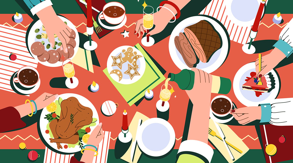 Illustration of people gathered around a holiday dinner table.