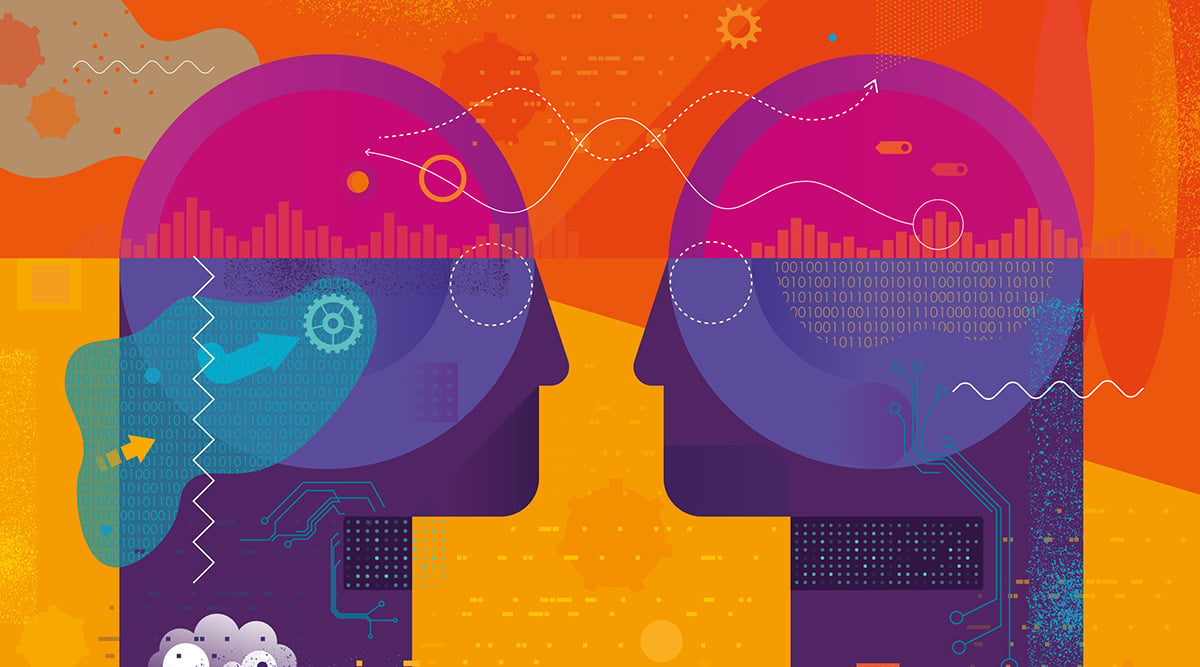 Omnivore logo. Abstract, colorful illustration of two heads facing each other