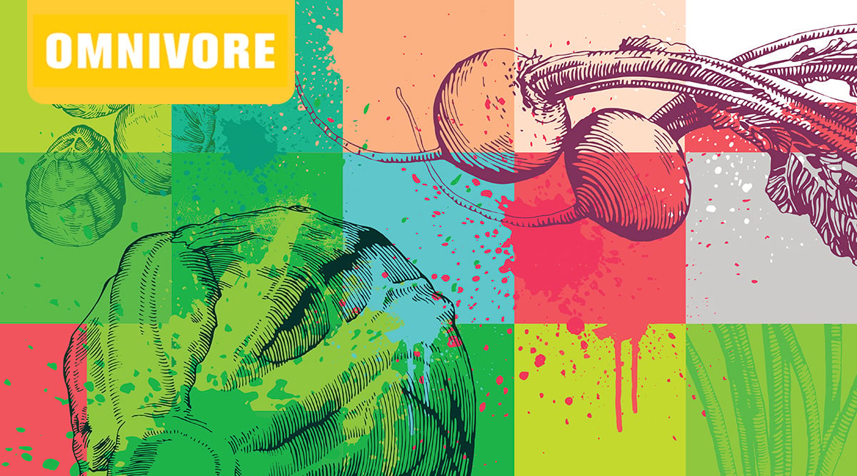 Omnivore Episode 24 colorful grid graphic with radishes, cabbage, and Brussels sprouts