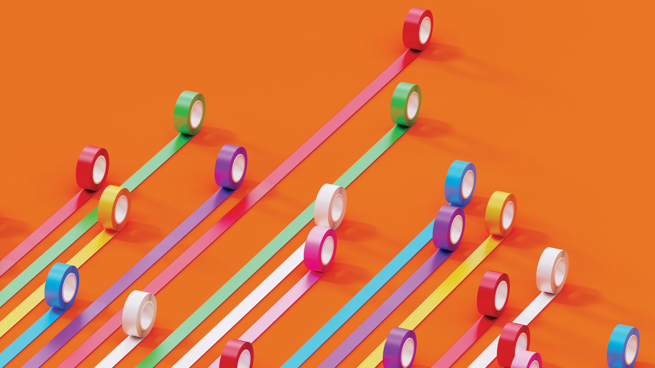 Bar graph made of colorful duct tapes on orange background. Data visualization concept.