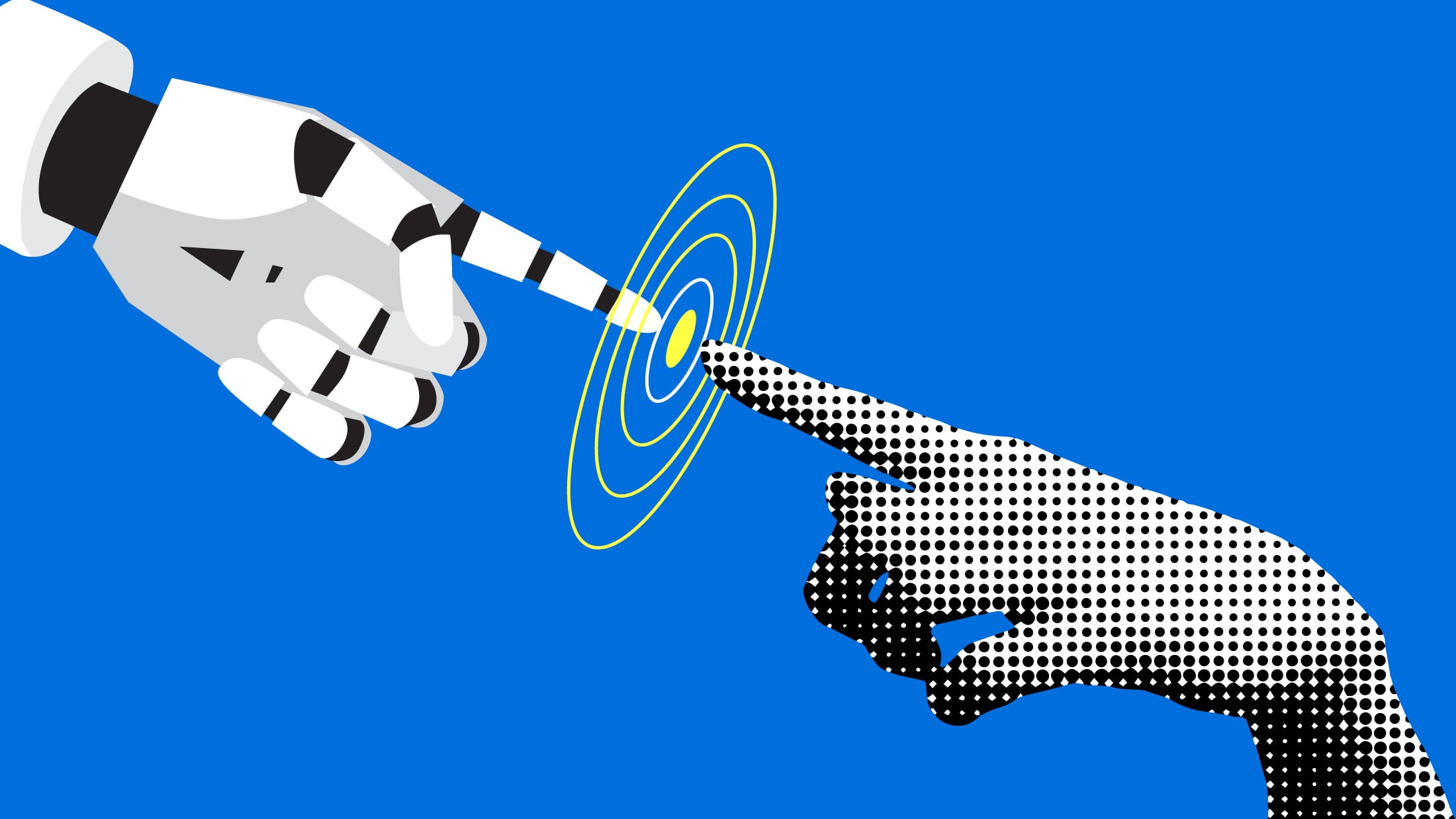 Robot and person touching fingers print and digital concept.