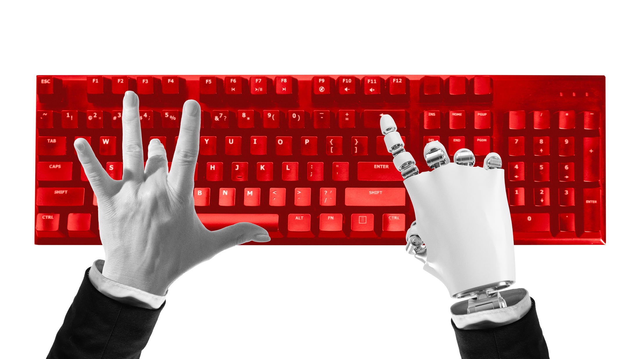 Composition of human and robotic hands typing on red keyboard symbolizing digital cooperation.