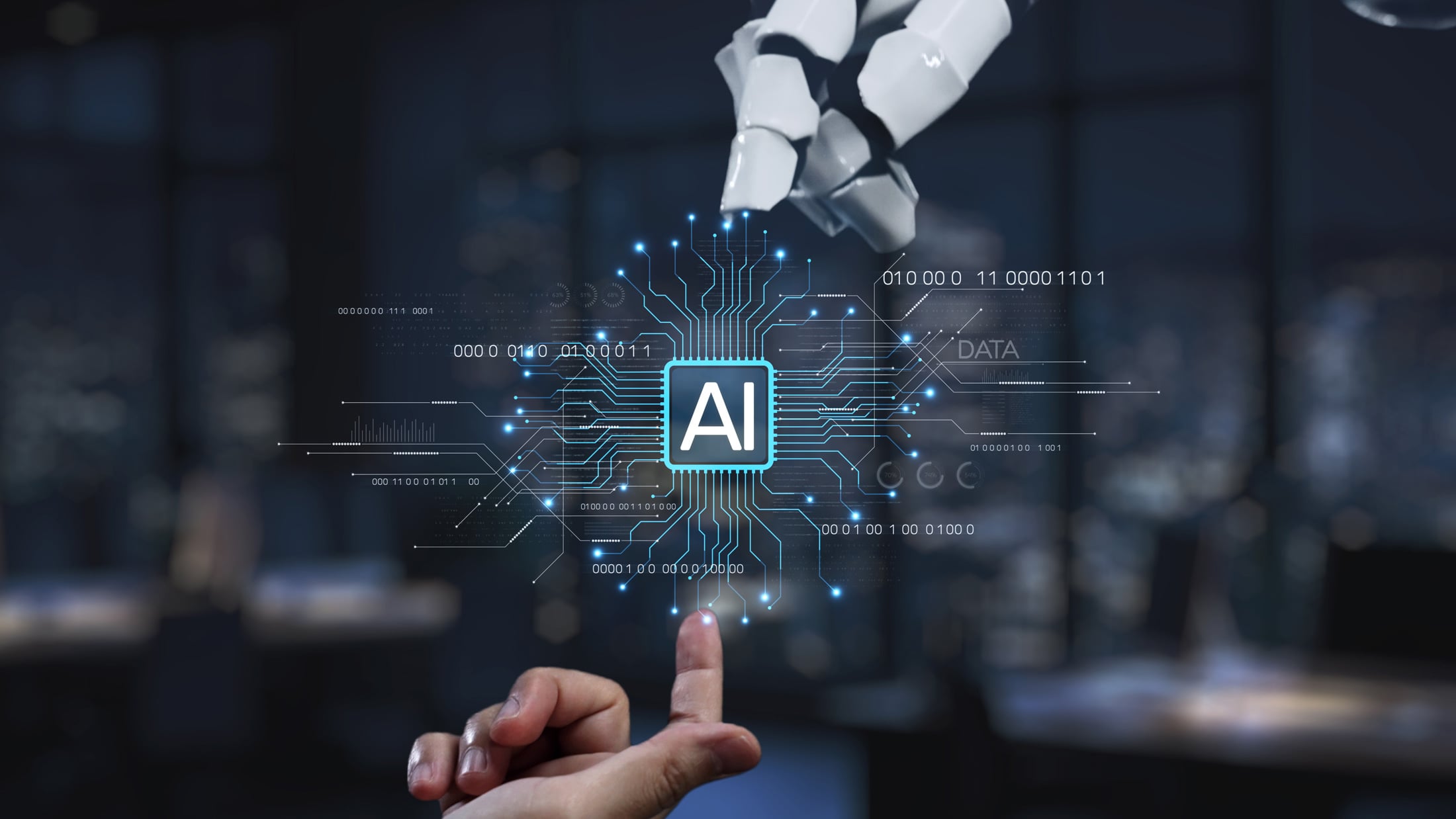 A striking visual representation of artificial intelligence where a robotic hand reaches out to a human finger, symbolizing the merging of technology and human interaction.