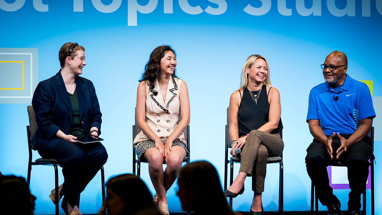 Hot Topics Studio session with 4 panelists speaking on stage about What Consumers Really Think About Health, Diet, and GLP-1s.
