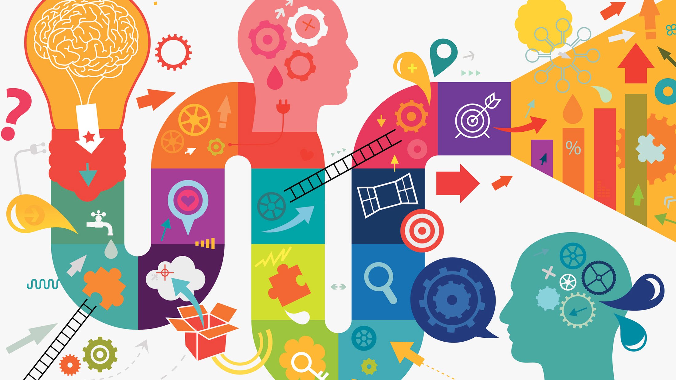 Abstract vision of creative thinking that starts from idea and then continue with looking at problems or situations from a fresh perspective that suggest solutions.