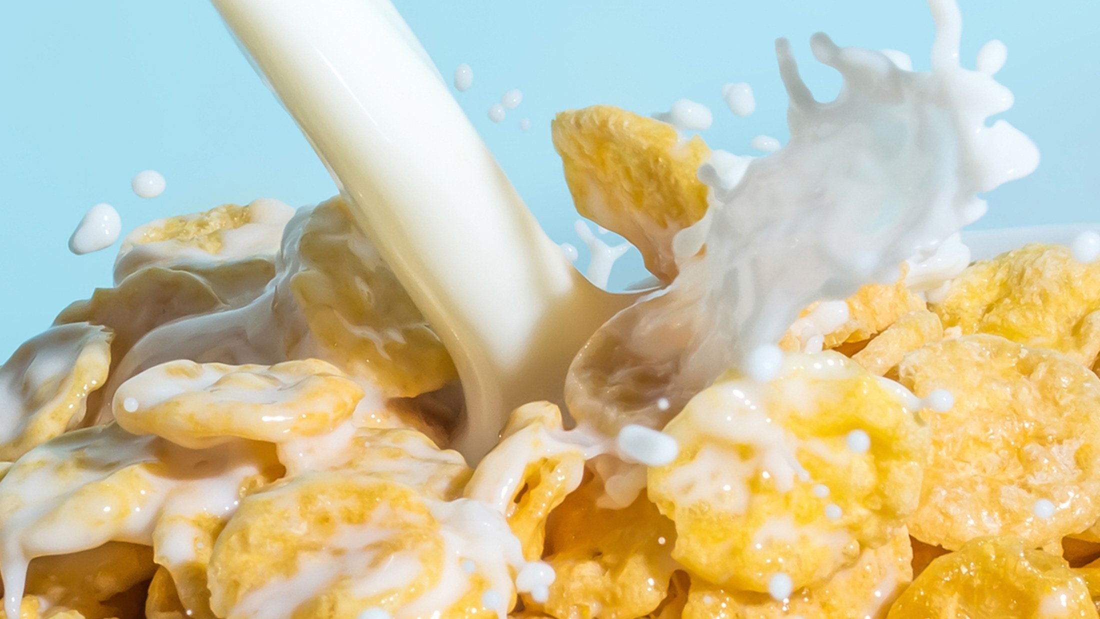 Milk stream pouring into a bowl with сornflakes