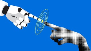 Robot and person touching fingers print and digital concept.
