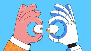 Human and robot collecting puzzle. AI communication, collaboration, and teamwork.