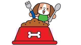 Cartoon dog eating kibble.