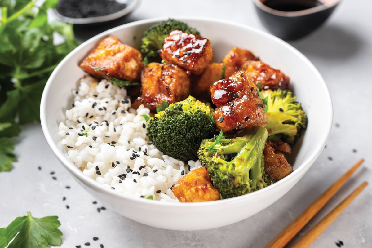Close up of tofu bowl with rice and broccoli