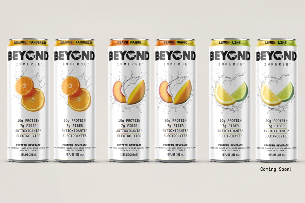 Beyond Meat new Immerse beverage available in Peach Mango, Lemon Lime, and Orange Tangerine flavors.