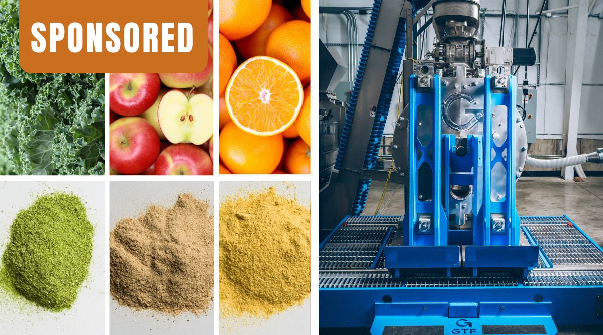 Kale, apples, oranges, and powders. GTF image of food drying machine.