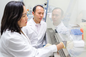 University of Missouri researchers Mengshi Lin (right) and Azlin Mustapha (left) discuss the safety of engineered nanoparticles in the UM Food Microbiology Lab.