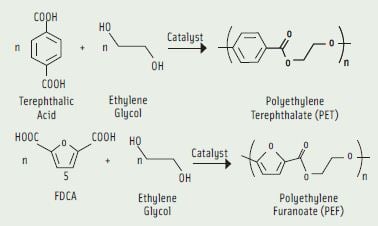 Figure 3. Reactions for production of polyethylene terephthalate (PET) and polyethylene furanoate (PEF)