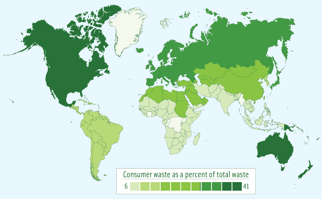 Figure 2. Food waste and loss varies by country and commodity. Global waste by consumers as a percent of total regional food loss. Map © cienpies/iStock/Thinkstock 