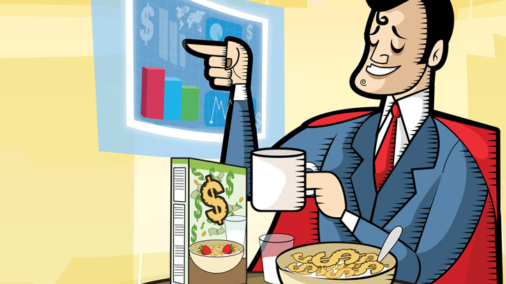 man eating expensive cereal