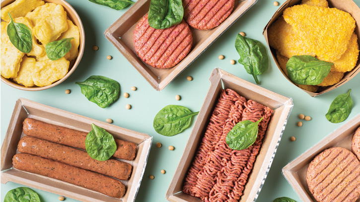 Assortment of plant based meat on a table.