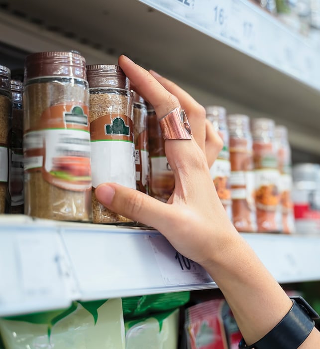Spices on store shelf.