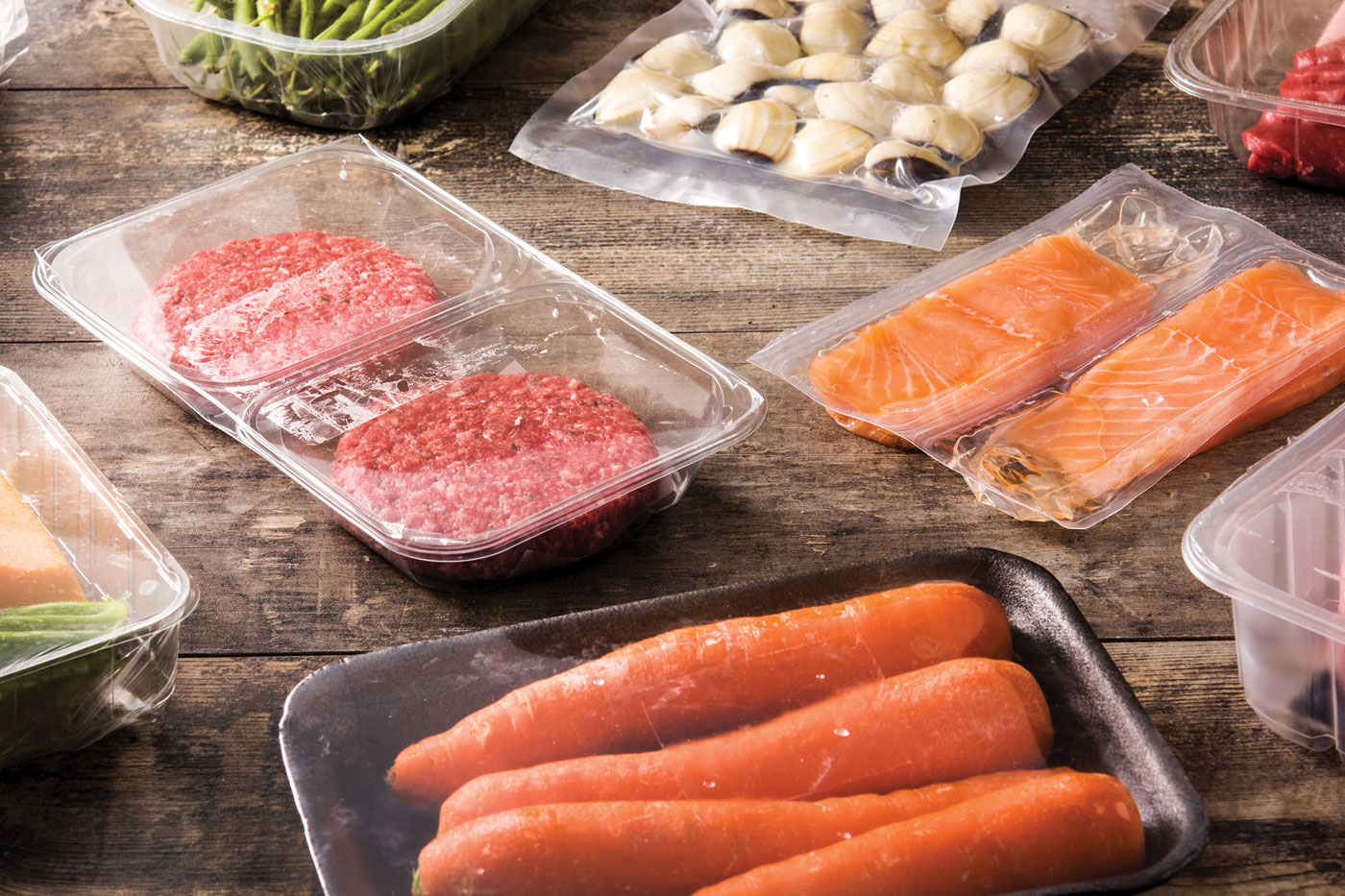 Different types of packaged food.