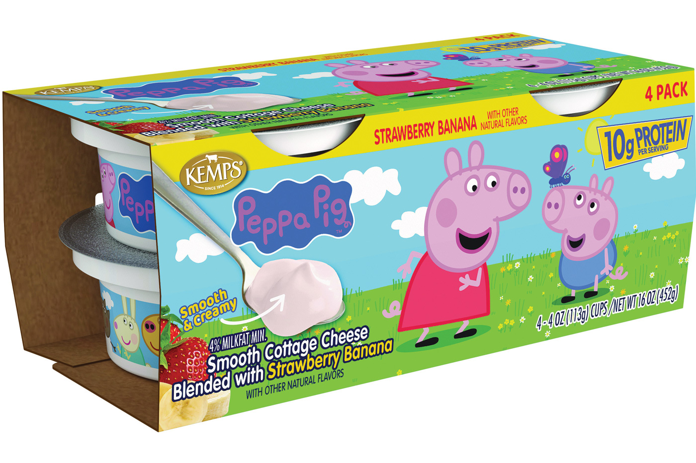 Kemps Peppa Pig Smooth Cottage Cheese Blended with Strawberry Banana.