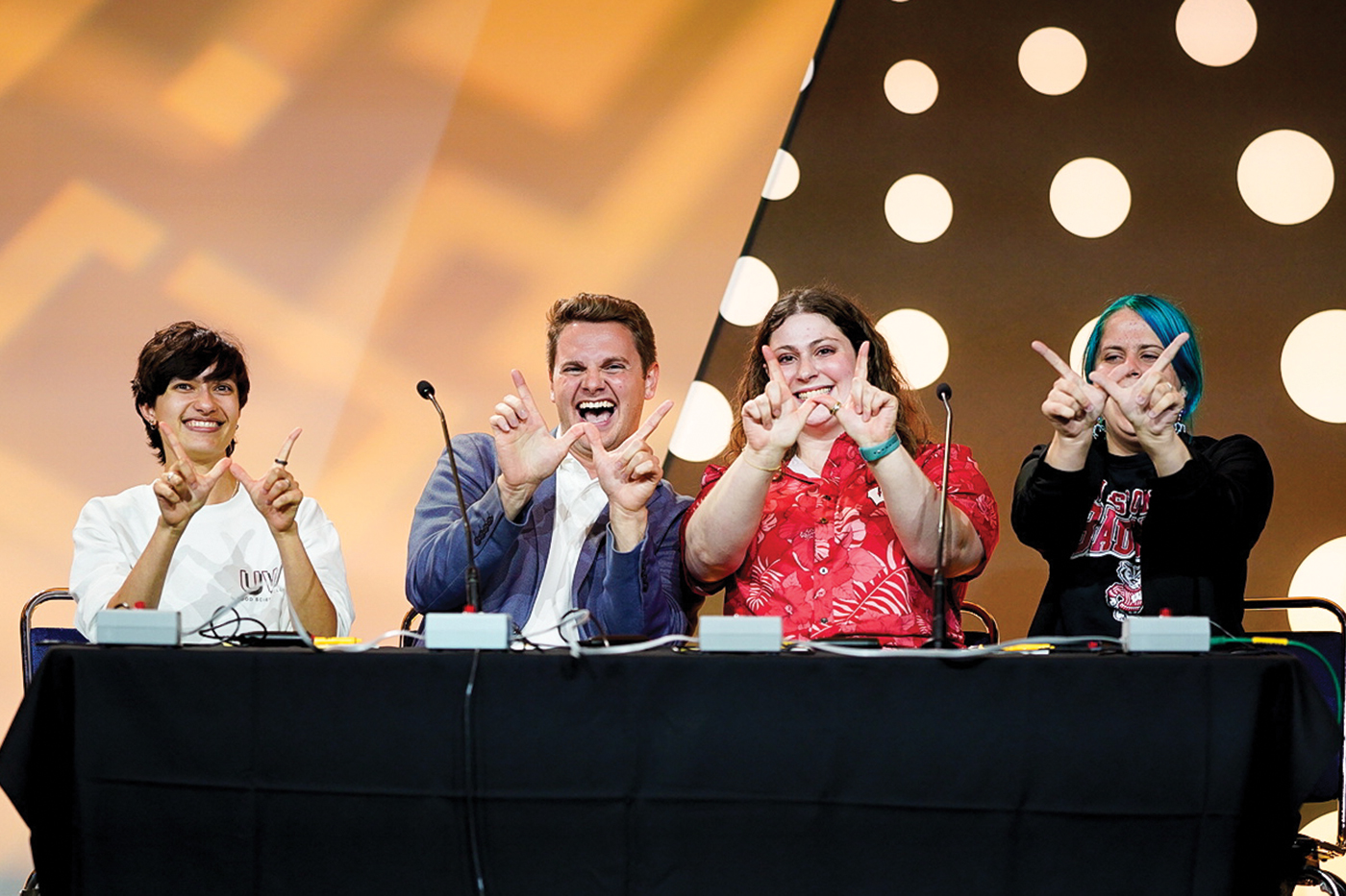 Members of the University of Wisconsin&ndash;Madison team celebrate their College Bowl victory. 