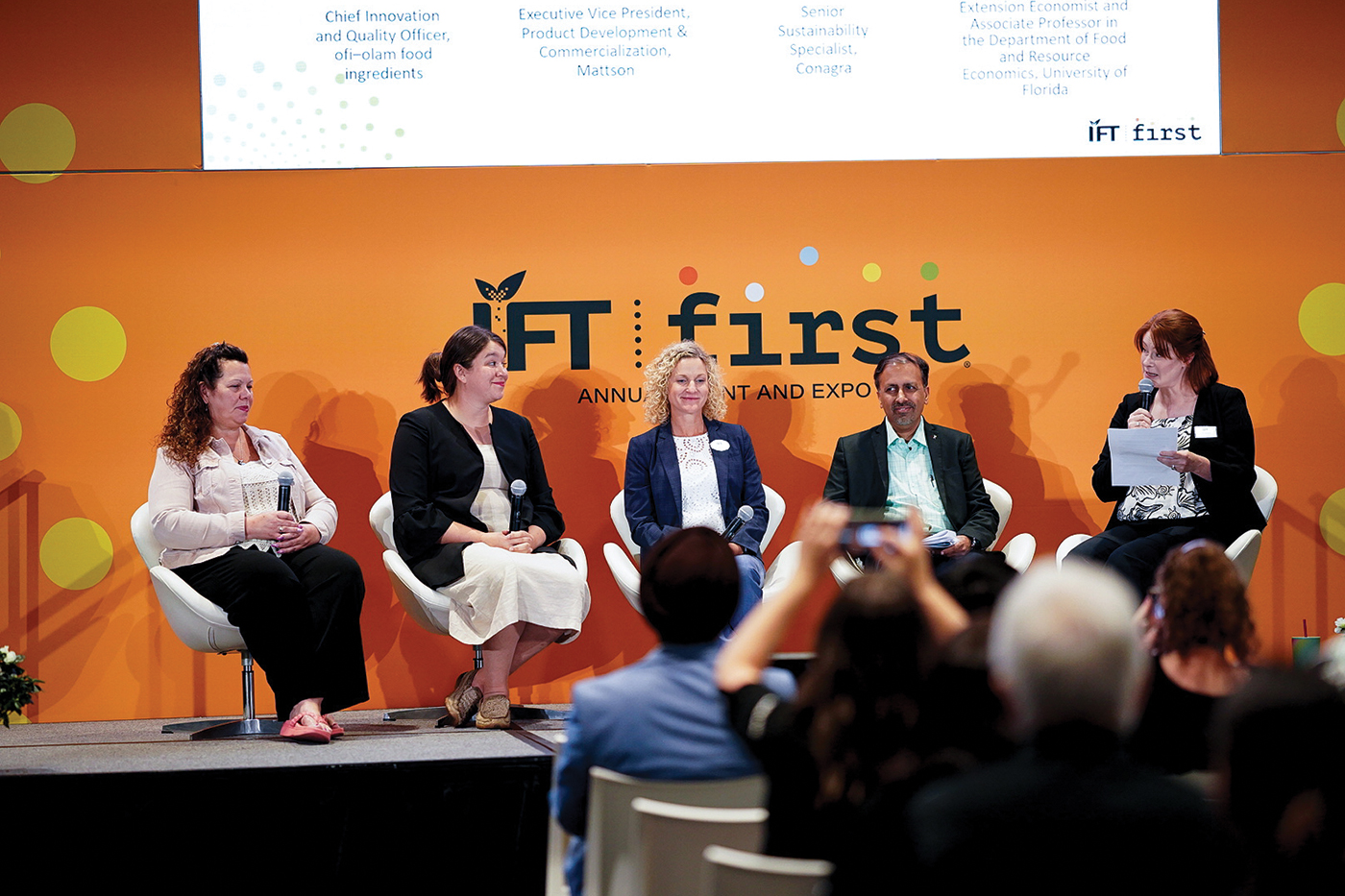 Business FIRST panelists, pictured, from left, include Kimberly Morgan of the University of Florida, Kenzie Bear of Conagra, Jaime Reeves of Mattson, Kamesh Ellajosyula of ofi (olam food ingredients), and Food Technology&rsquo;s Kelly Hensel. 