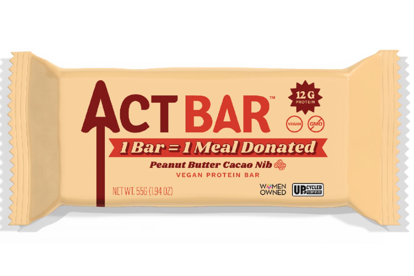Available in three varieties, including this Peanut Butter Cacao Nib option, vegan and non-GMO Act Bars are formulated with ReGrained SuperGrain+. 