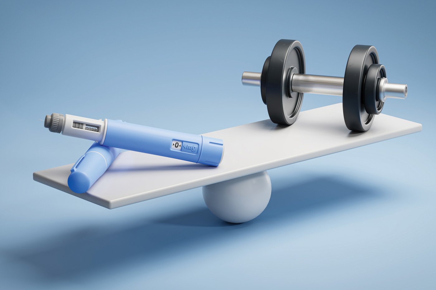 GLP-1 on a scale facing a dumbbell as alternative ways to loose weight.