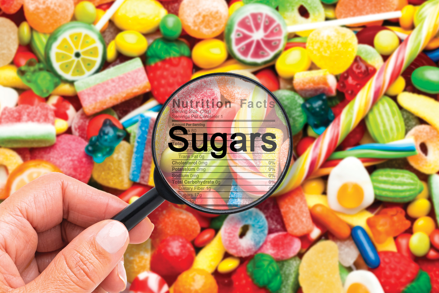 Candy with Magnifying glass revealing sugar content.