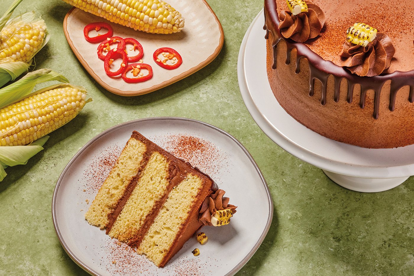 McCormick&rsquo;s sweet corn cake with chipotle chocolate butter-cream
