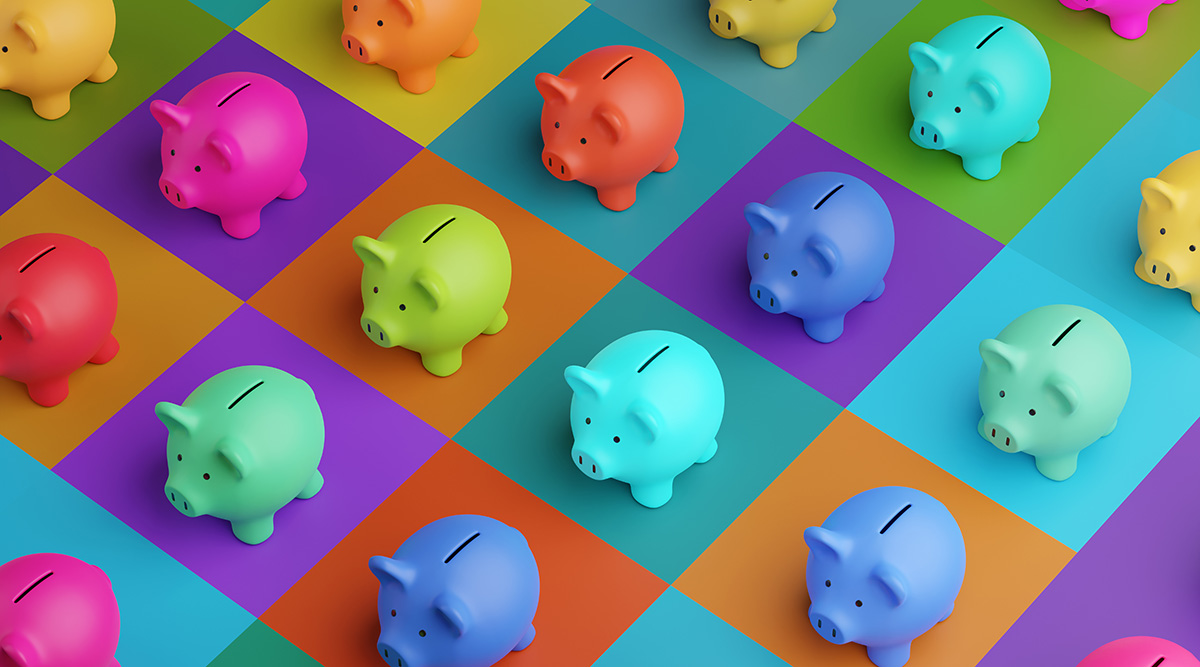 Rows of piggy banks in different colors on a colorful grid